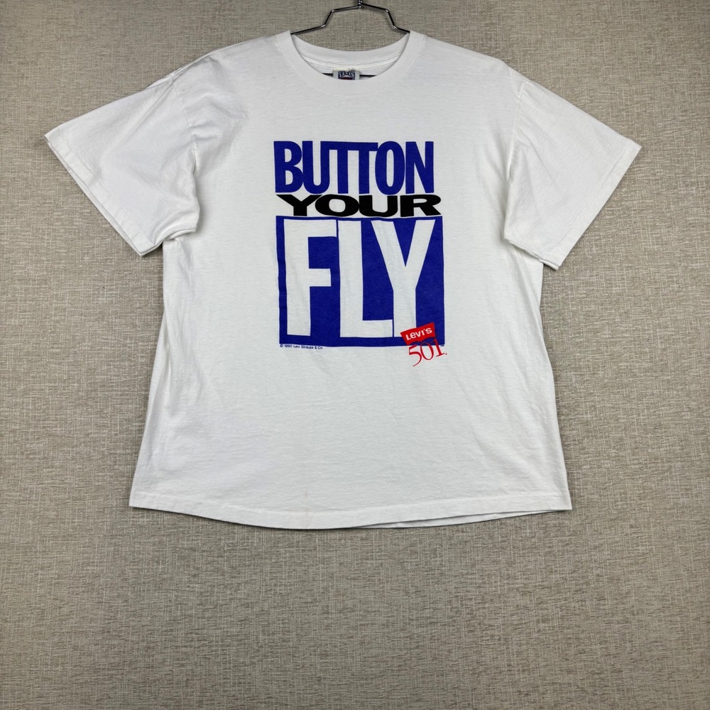 Vintage 1990 Levis 501 Button Your Fly Graphic T-Shirt White Mens Large
